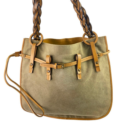 Gucci Women's Gray Green Braided Leather Straps Canvas Tote Shoulder Hand Bag