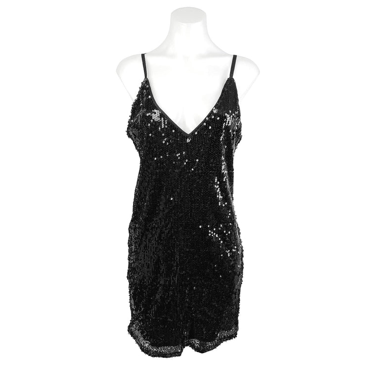 She + Sky Black Sequin V-neck Sleeveless Cami Camisole Mini Slip Tank Dress Sz L