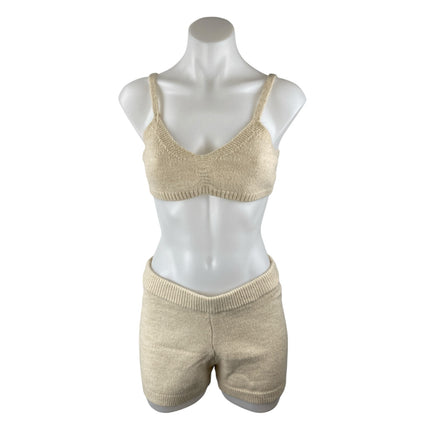 Princess Polly Beige Cream Knit Sleeveless Brami Crop Top Shorts 2 Pc Set Size S