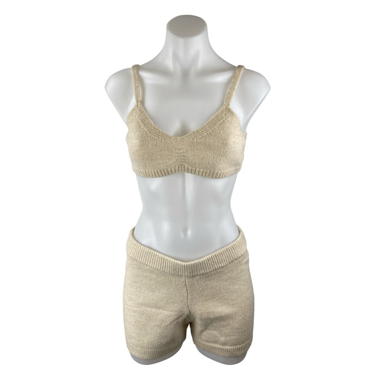 Princess Polly Beige Cream Knit Sleeveless Brami Crop Top Shorts 2 Pc Set Size S