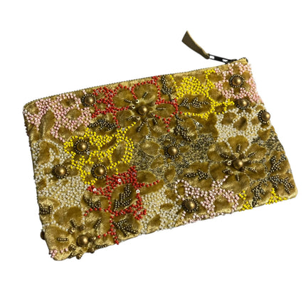 Women's Multicolor Floral Beaded Studded Linen Phone Purse Clutch Handbag OS