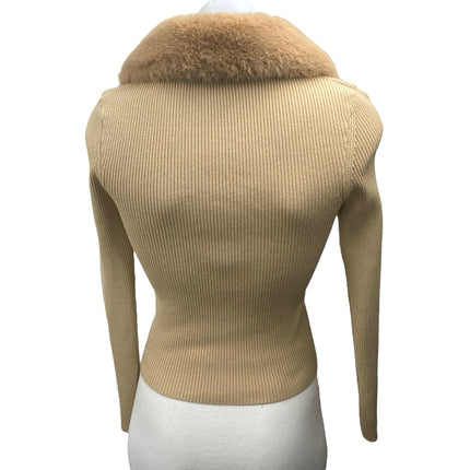 Zara Women's Brown Rib Knit Faux Fur Collar Long Sleeve Crop Sweater Top Size M
