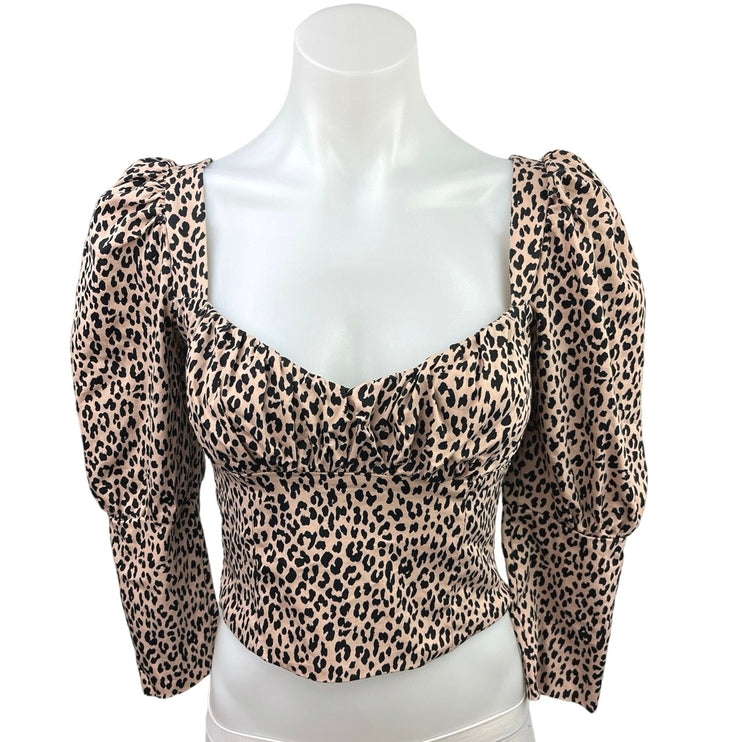 Zara Beige Black Leopard Print Sweetheart Neck Puff Sleeve Cropped Blouse Top XS