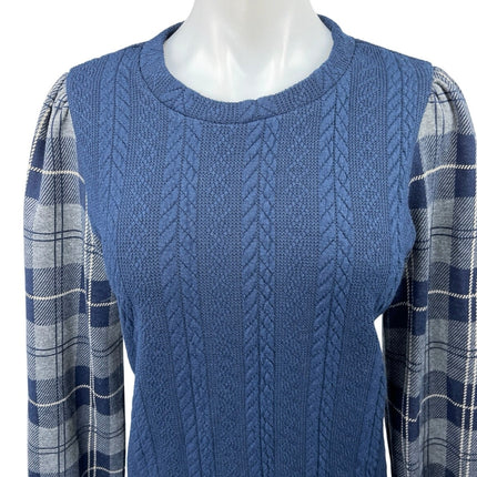 Anthropologie THML Navy Blue Cable Knit Plaid Long Sleeve Pullover Sweater Top M