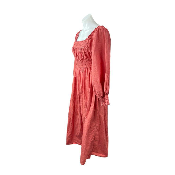 Doen Women's Pink Long Puff Sleeve Smocked Peasant Ruffle A Line Midi Dress M