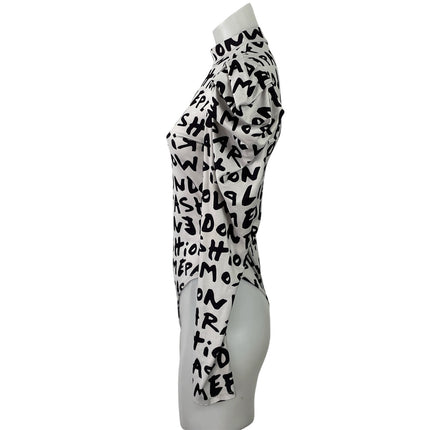 Fashion Nova White Black Graffiti Mock Neck Long Sleeve Bodysuit Top Size M