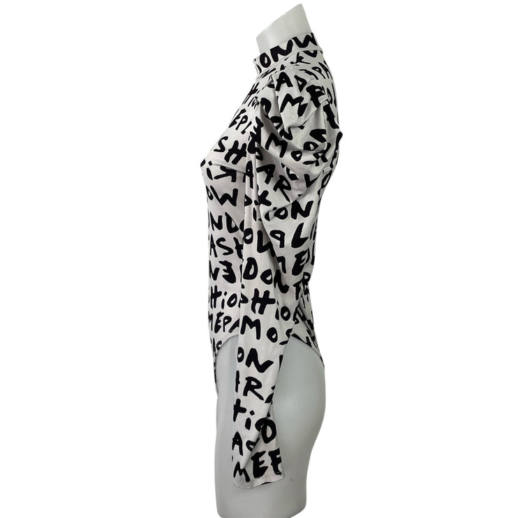 Fashion Nova White Black Graffiti Mock Neck Long Sleeve Bodysuit Top Size M