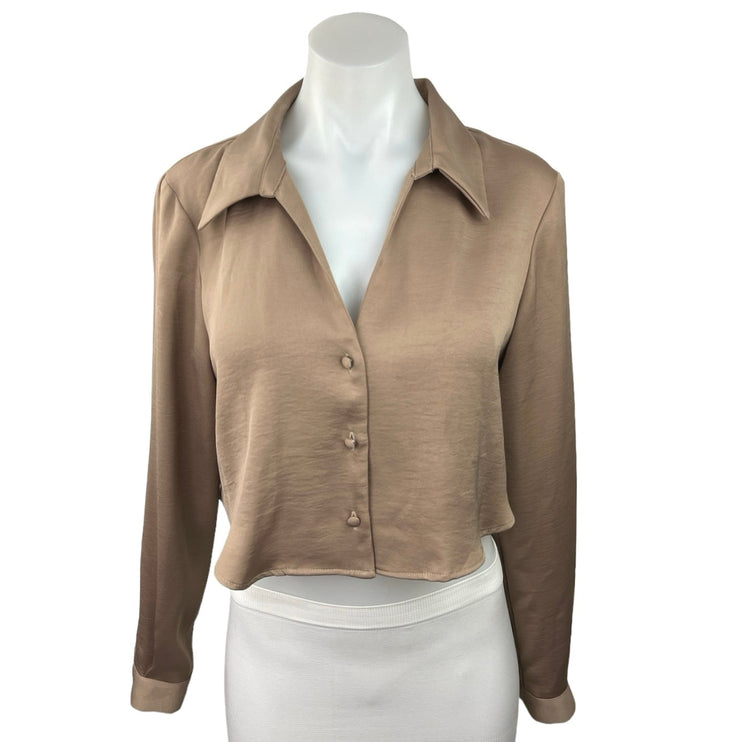 Zara Beige Satin Long Cuffed Sleeve Lapel Collar Button Up Cropped Shirt Top S