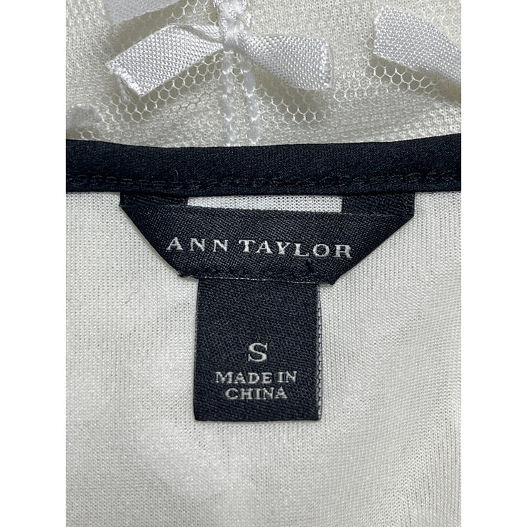 Ann Taylor Women's White Lace Bow Ribbon Short Cap Sleeve Shirt Blouse Top Sz S