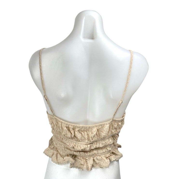 ASTR The Label Beige Sleeveless Plunging Smocked Ruffle Cami Crop Top Size S