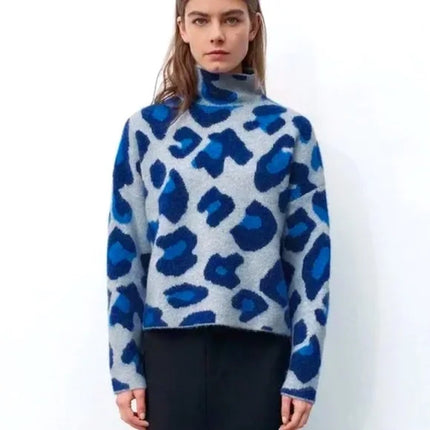 Zara Womens Blue Wool Jacquard Leopard Long Sleeve Turtleneck Sweater Top Size L