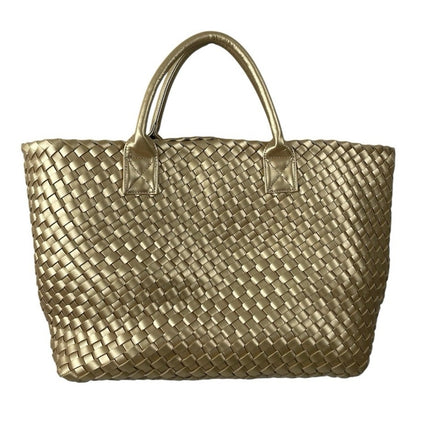 Women's Gold Metallic With Pouch Woven Shoulder Cabat Beach Tote Handbag OS