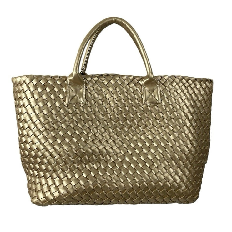 Women's Gold Metallic With Pouch Woven Shoulder Cabat Beach Tote Handbag OS