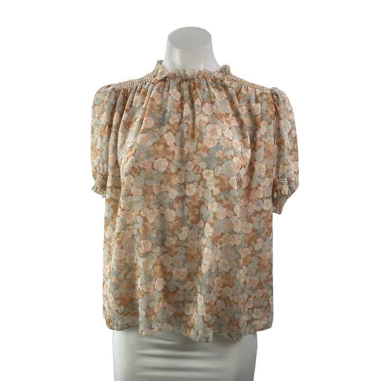 Aritzia Wilfred Wuthering Beige Blue Short Sleeves Floral Smocked Blouse Top S