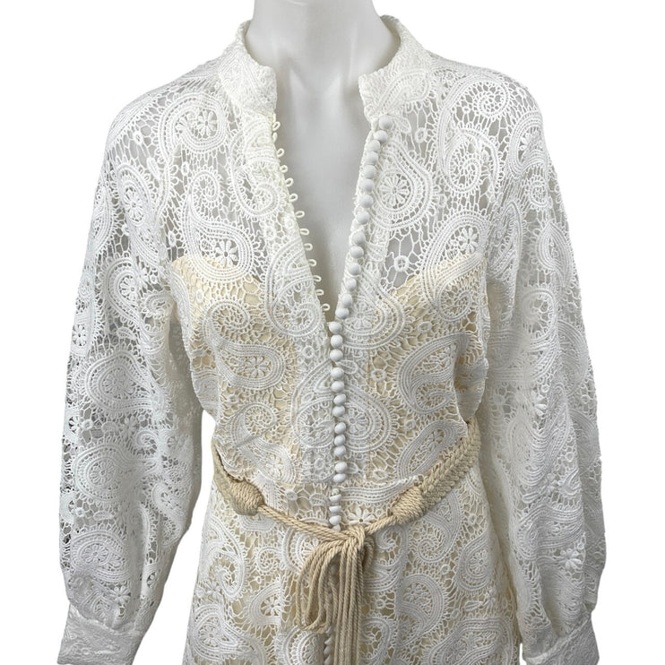 NEW L'atiste White Paisley Lace Long Sleeve Belted Midi A-Line Shirt Dress Sz M