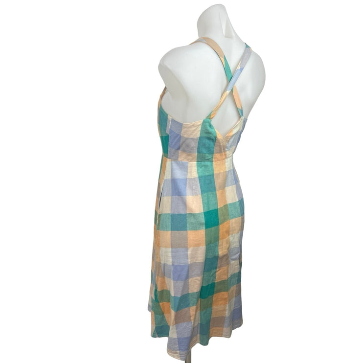 Madewell Rainbow Check Plaid Linen Button Cross Back Midi A-Line Tank Dress Sz 0