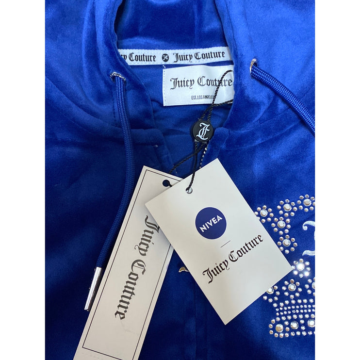 NEW Juicy Couture Blue Rhinestone Velvet Velour Hoodie Hooded Zip Sweatshirt S