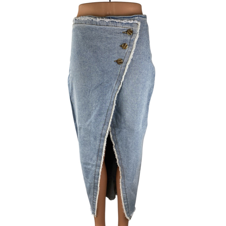 Sincerely Jules Blue Raw Frayed Hem Wrap Asymmetrical Midi Pencil Denim Skirt 5