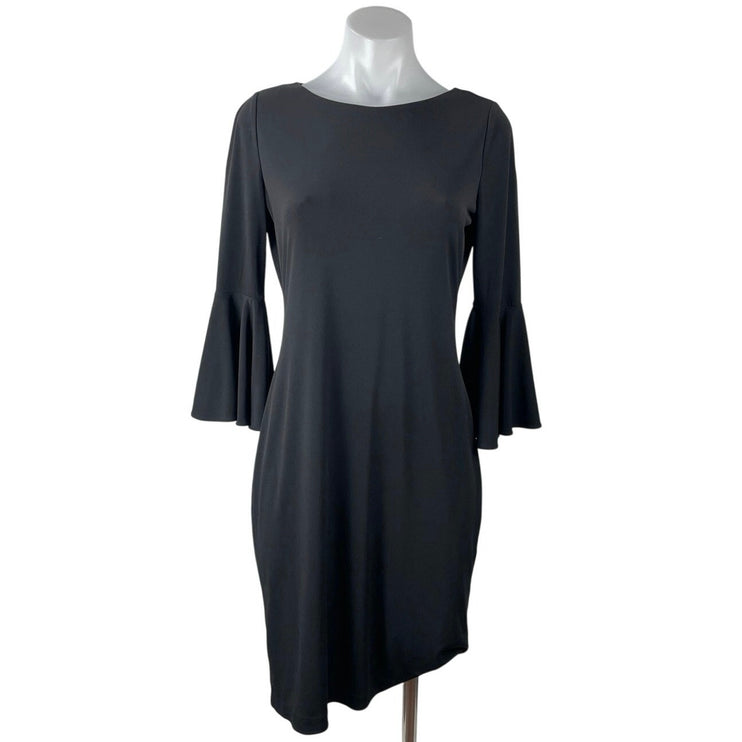 Calvin Klein Black Bell Sleeve Round Neck Stretch Cocktail Mini Sheath Dress L