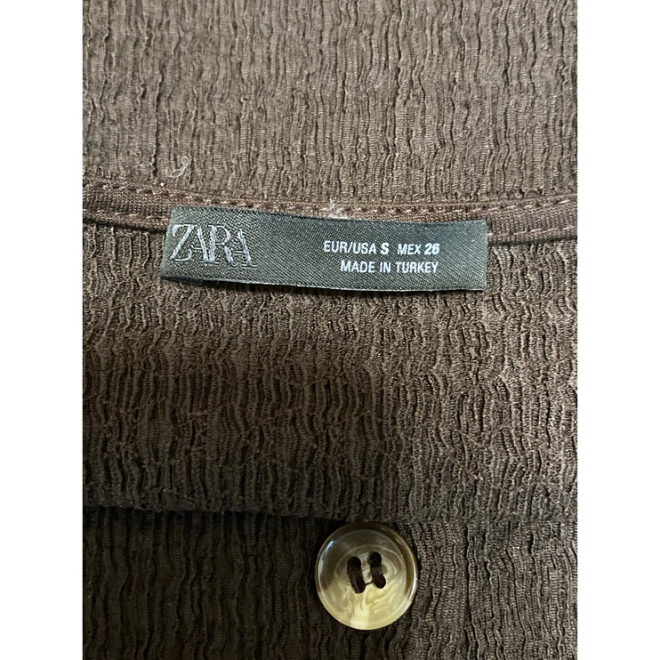 Zara Women Brown Sleeveless Crinkle Knit V Neck Button Up Vest Blouse Top Size S
