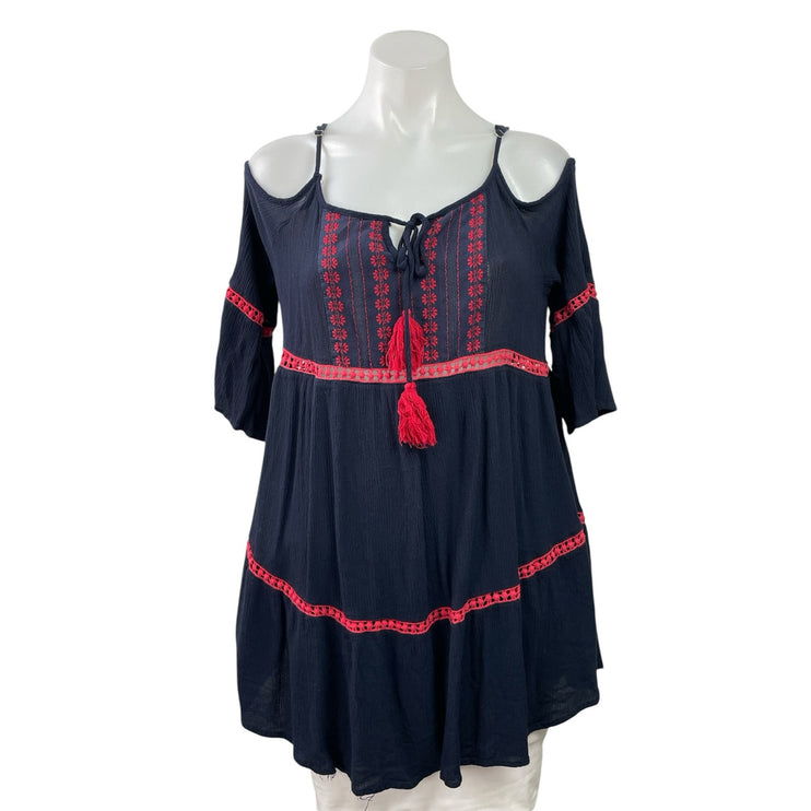 Entro Navy Blue Red Tassel Cold Shoulder Lace Boho A Line Mini Dress Size M