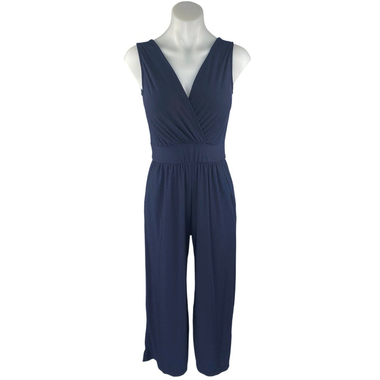 Gilli Navy Blue Sleeveless V Neck Faux Wrap Wide Leg Cropped Jumpsuit Size S