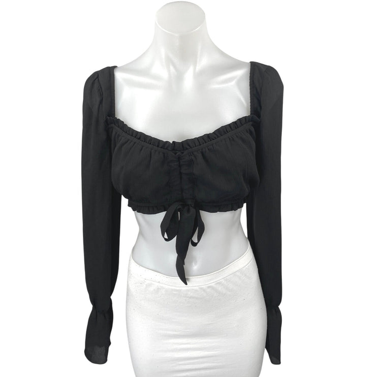 Tiger Mist Black Long Sleeve Ruffle Ruched Tie Back Blouse Crop Top Size M