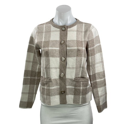 Cynthia Rowley Beige Plaid Check Long Sleeve Knit Button Up Cardigan Sweater S