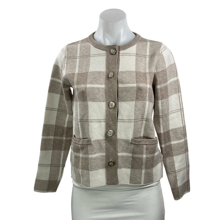 Cynthia Rowley Beige Plaid Check Long Sleeve Knit Button Up Cardigan Sweater S