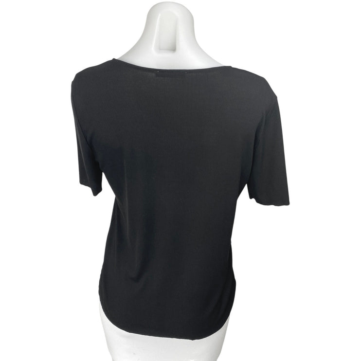 Zara Women's Black Short Sleeve Deep V Neck Ribbed Knit T Shirt Tee Top Size M