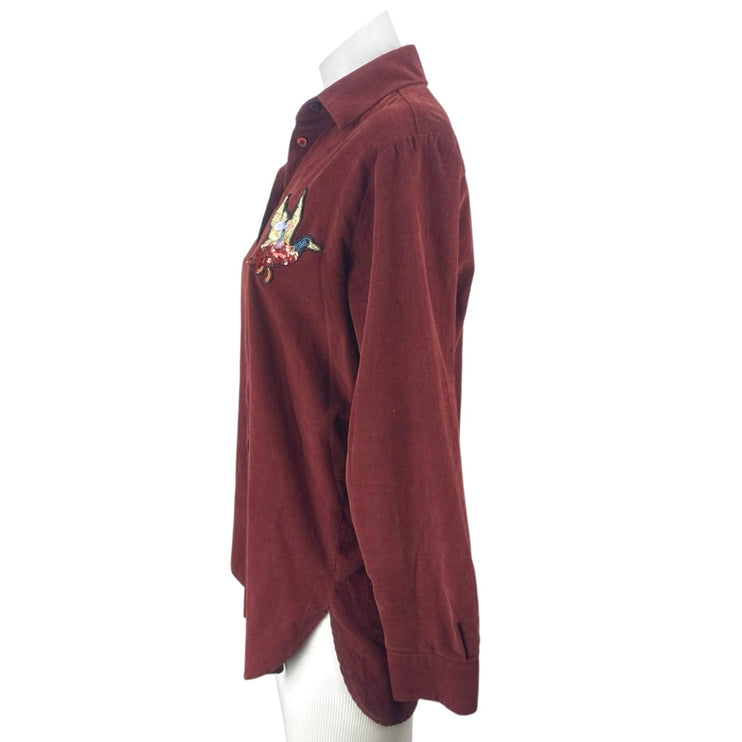 Beymen Club Red Maroon Corduroy Sequin Embroidered Duck Button Up Shirt Size XS