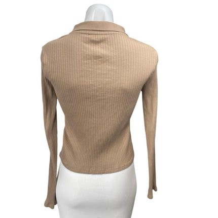Zara Women Tan Long Sleeve Ribbed Knit Polo Pullover Henley Sweater Top Size M