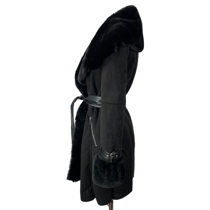 Karen Millen Black Long Sleeves Faux Shearling Collar & Cuff Belted Short Coat 2