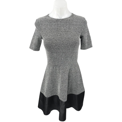 Aqua Gray Tweed Faux Leather Hem Short Sleeve Mini A-Line Fit & Flare Dress Sz S