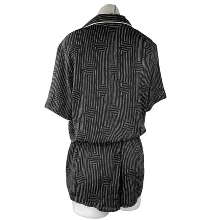 DKNY Black White Striped Geometric Short Sleeve Button Up Romper Shorts Size S