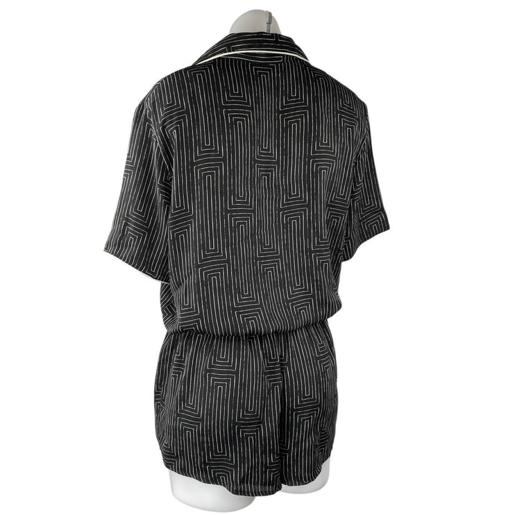 DKNY Black White Striped Geometric Short Sleeve Button Up Romper Shorts Size S