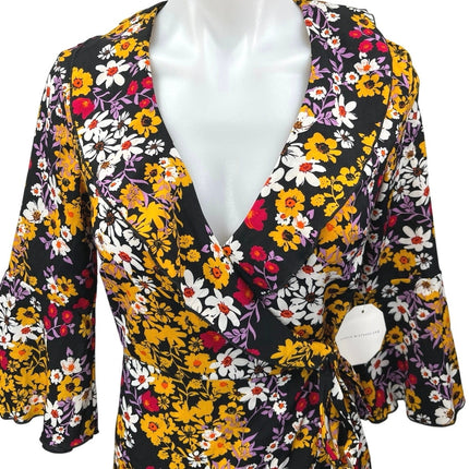 NEW Outrageous Fortune Multicolor Floral V-neck Bell Sleeve Mini Wrap Dress 2
