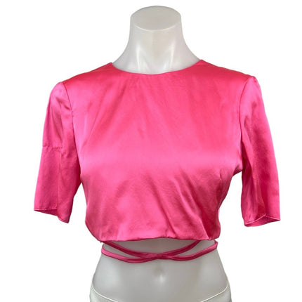 NEW Amanda Uprichard Andra Pink Ribbon 100% Silk Satin Short Sleeve Crop Top S