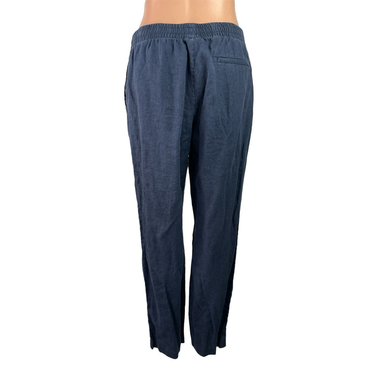 H&M Women's Blue 100% Linen Elastic Waist High Rise Tapered Trousers Pants Sz S