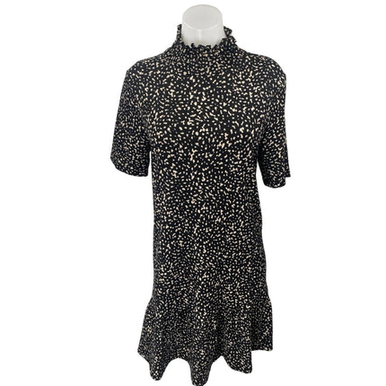 Zara Black White Short Sleeve Ruffle Abstract Turtleneck Mini Shift Dress Size M