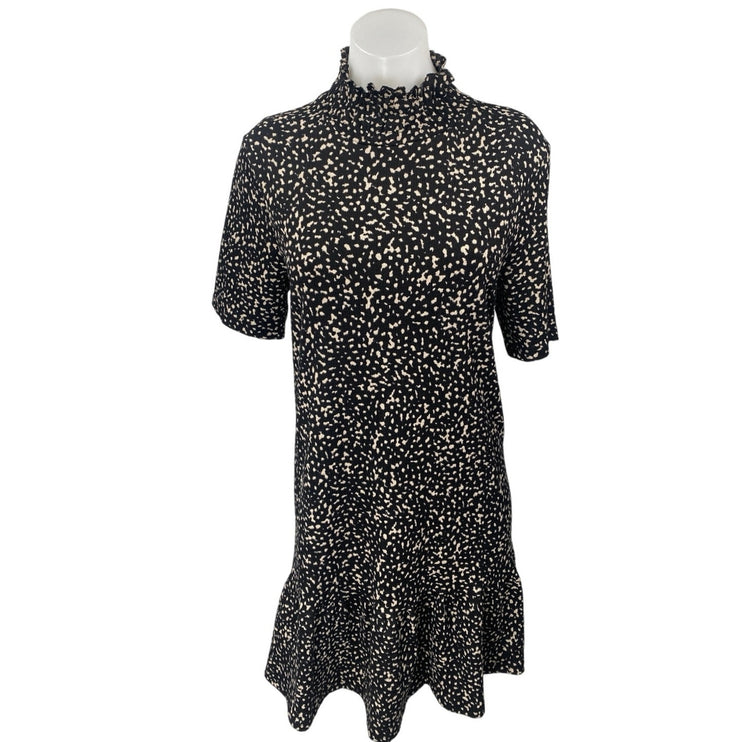 Zara Black White Short Sleeve Ruffle Abstract Turtleneck Mini Shift Dress Size M