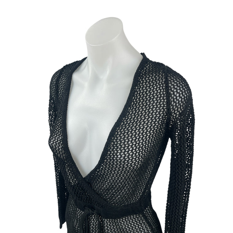 Forever 21 Black Mesh Sheet Long Sleeve Deep V Neck Tie Waist Cover Up Dress S