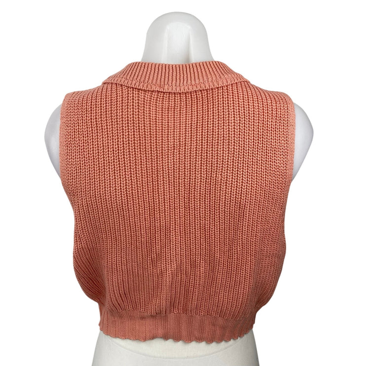 Double Zero Coral Ribbed Knit Sleeveless Button Up Vest Cardigan Sweater Top S