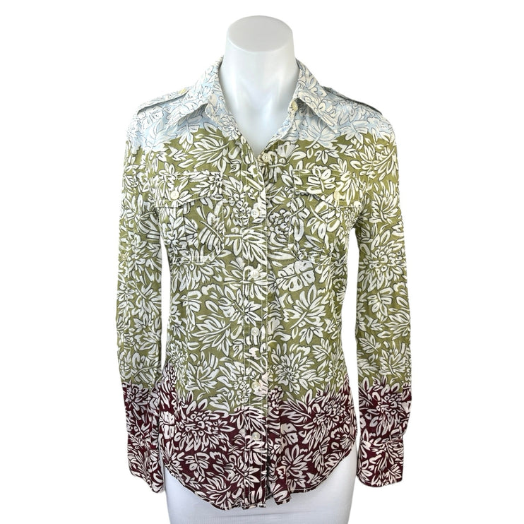 Tory Burch Green Brown Blue Colorblock Floral Button Down Shirt Top Size 2