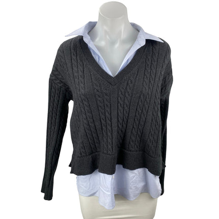 Women's Black Cable Knit Layered Shirt Long Sleeve V Neck Sweater Top Size M