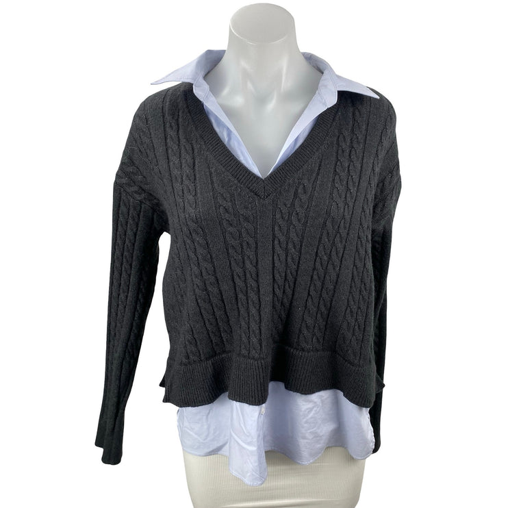 Women's Black Cable Knit Layered Shirt Long Sleeve V Neck Sweater Top Size M