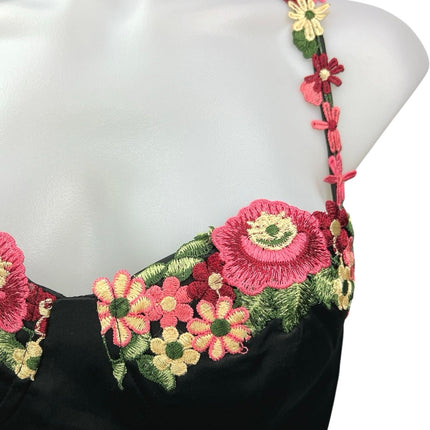 NEW JJ's House Black Silk Satin Floral Embroidered Mini Fit & Flare Dress Sz 10