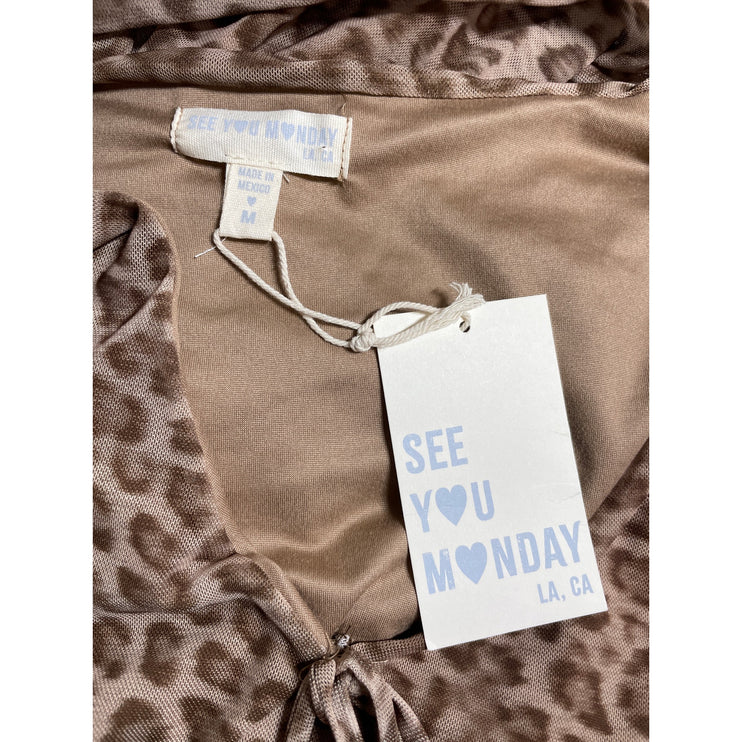 NEW See You Monday Tan Leopard Long Sleeve Tie V Neck A Line Mini Dress Size M