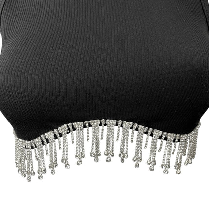 Women's Black Rhinestone Fringe Sleeveless Boho Crew Neck Crop Tank Top Size S