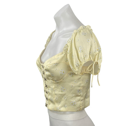 Princess Polly Yellow Short Puff Sleeve Floral Corset Bustier Crop Top Size 8